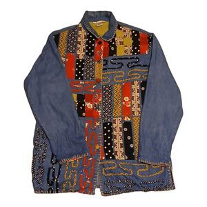 Vintage Paris Henley Navy Cotton Patchwork Button-Up Shirt Women’s M